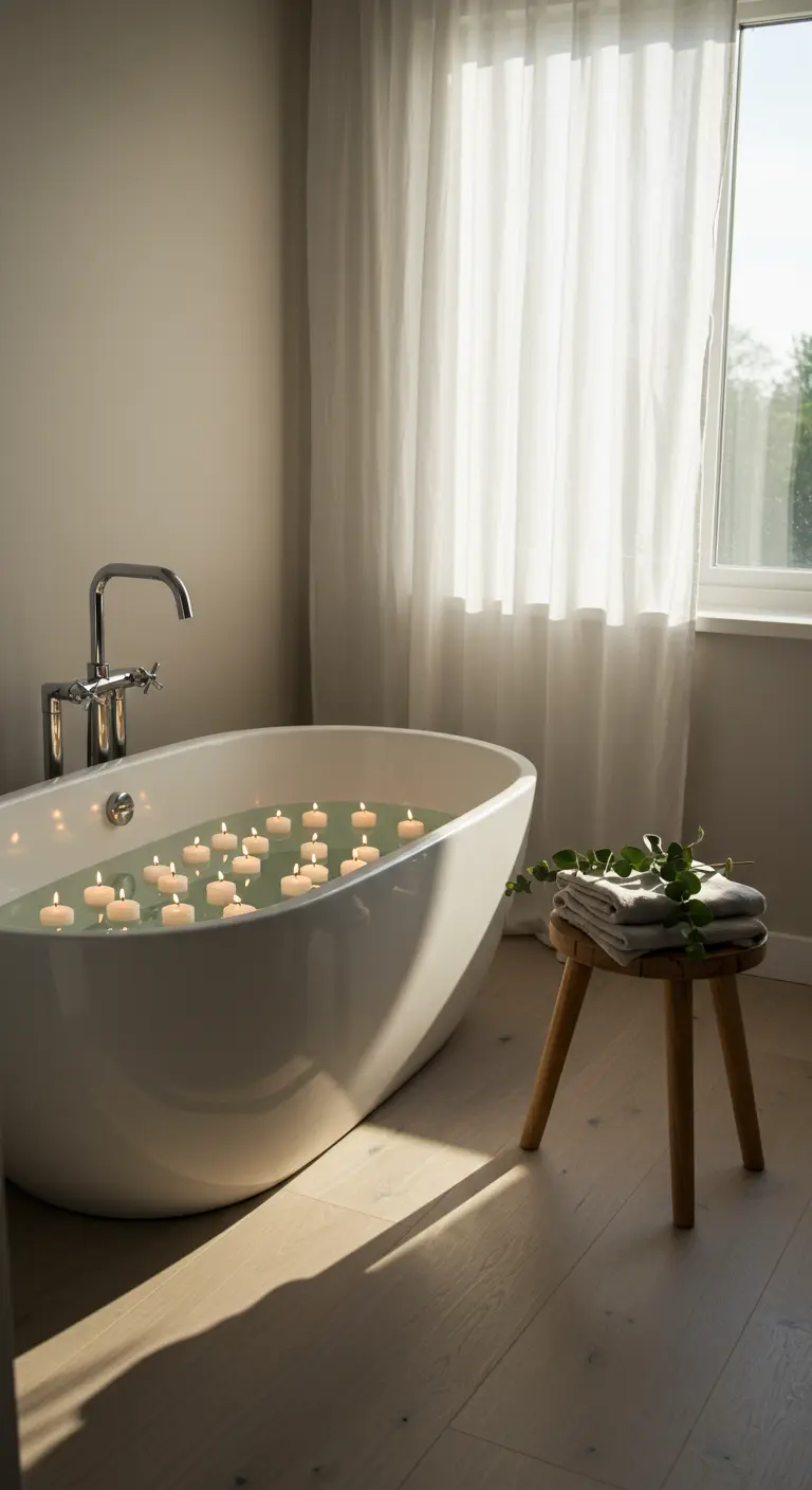 Bañera exenta moderna con velas flotantes, junto a una ventana con cortinas de lino y un taburete.