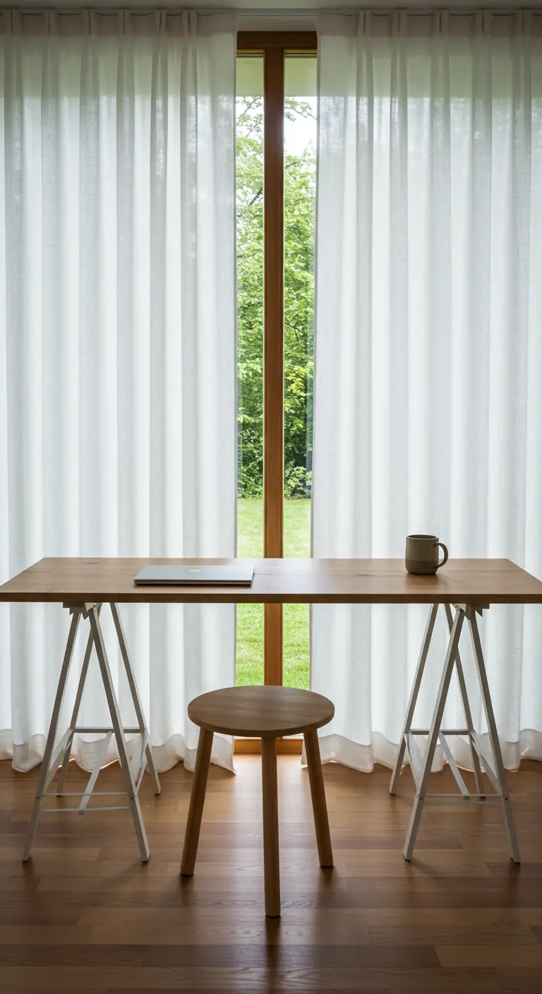 Escritorio minimalista con caballetes frente a un gran ventanal con cortinas blancas y vistas al jardín.