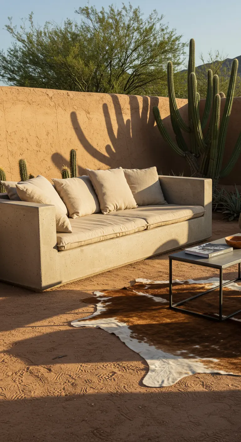 Sofá de hormigón en un patio desértico con cojines color arena y cactus alrededor