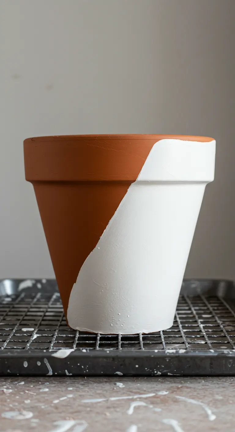 Maceta de terracota pintada hasta la mitad en diagonal con pintura blanca.