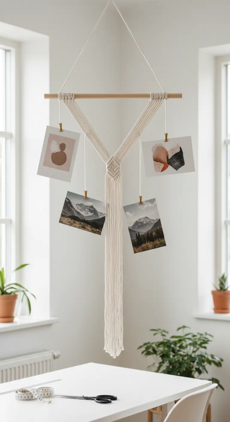 Colgador de fotos de macramé minimalista con una clavija de madera y diseño en forma de Y.