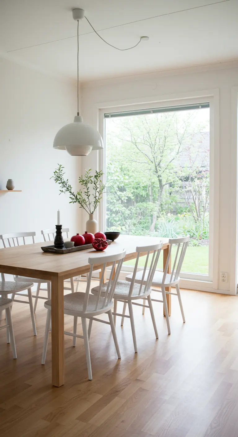 Centro de mesa minimalista con granadas y un candelabro negro en una mesa de madera clara.