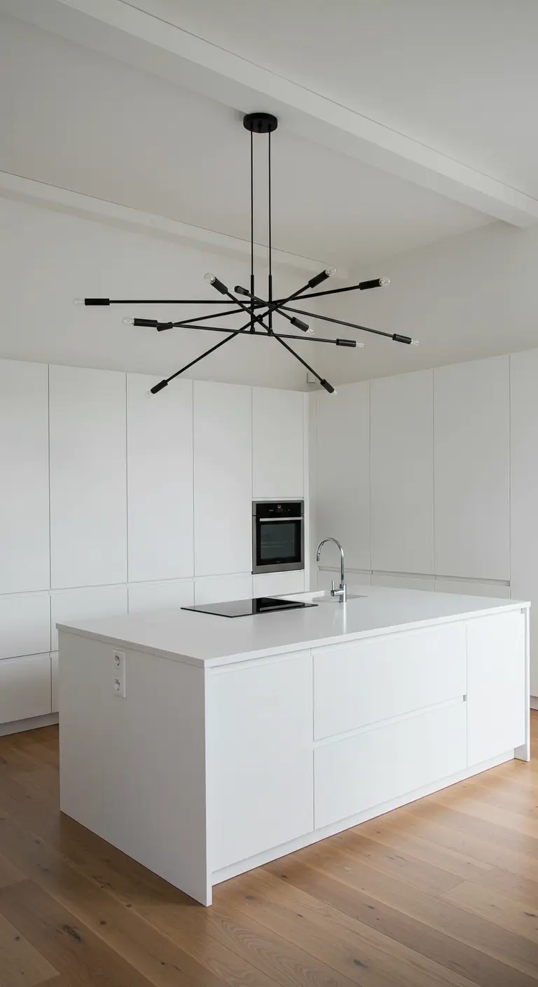 Cocina blanca minimalista con gran isla y lámpara de araña negra moderna.