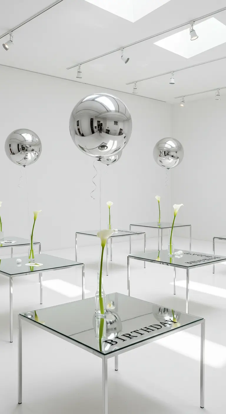 Globos plateados esféricos flotando sobre mesas de espejo con una única cala blanca.