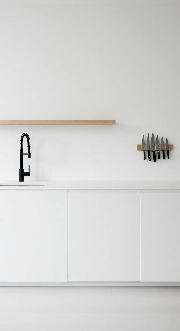 Detalle de cocina minimalista con pared blanca, grifo negro y cuchillos en imán.