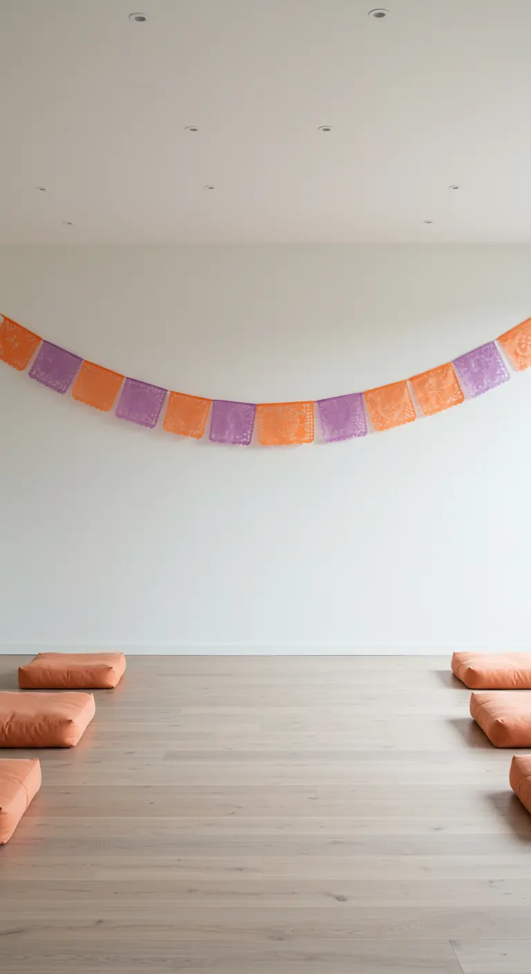 Habitación minimalista con una sola guirnalda de papel picado naranja y morado en la pared.