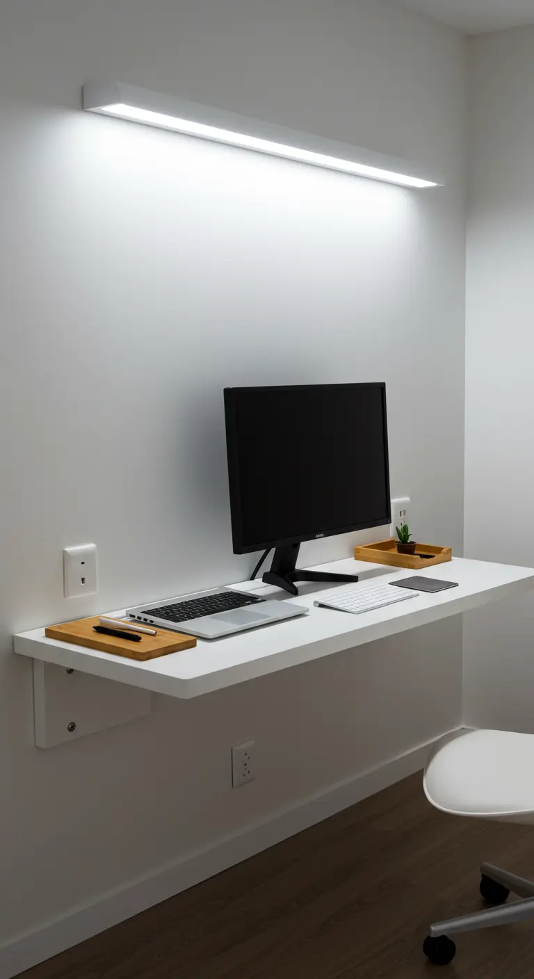 Escritorio flotante blanco y minimalista fijado a la pared con un portátil encima.