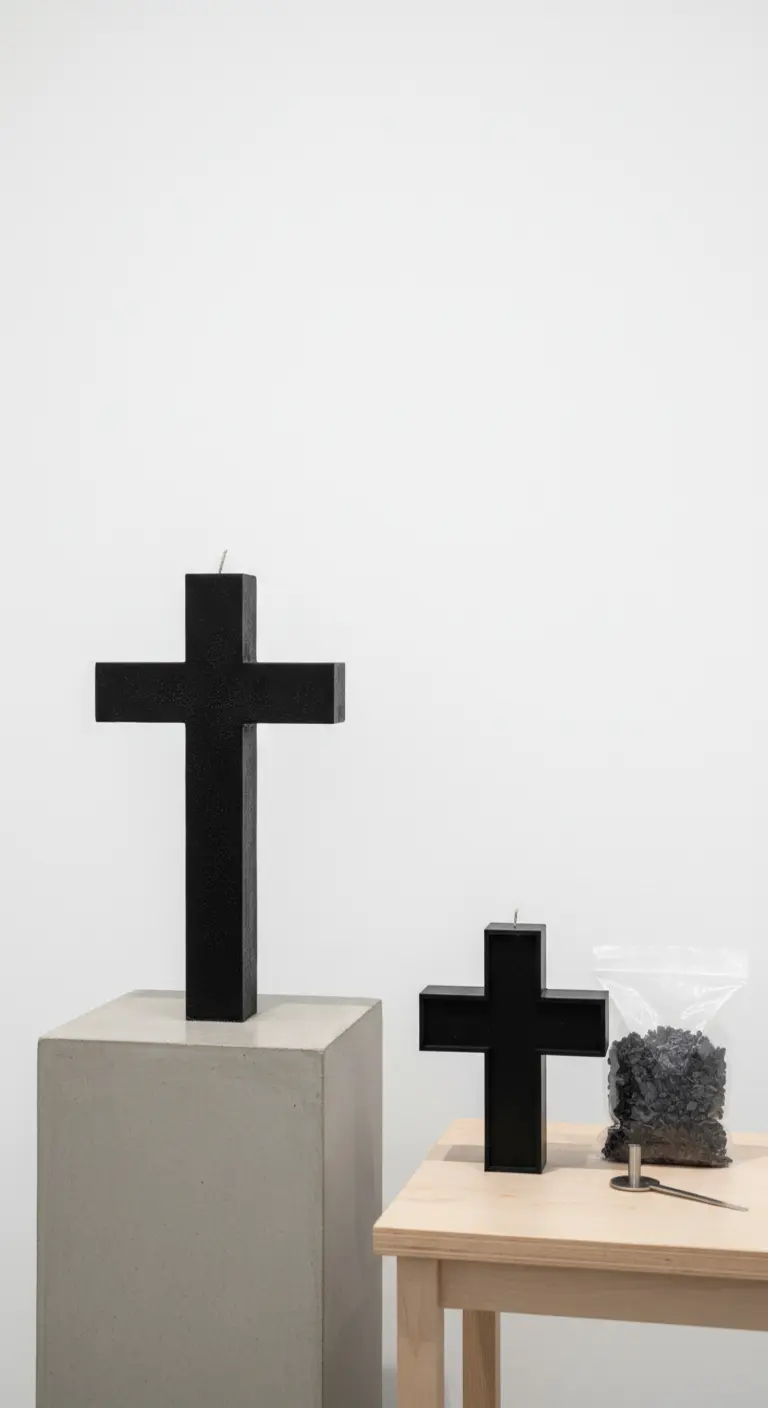 Dos velas caseras negras en forma de cruz, una grande y una pequeña, expuestas como arte