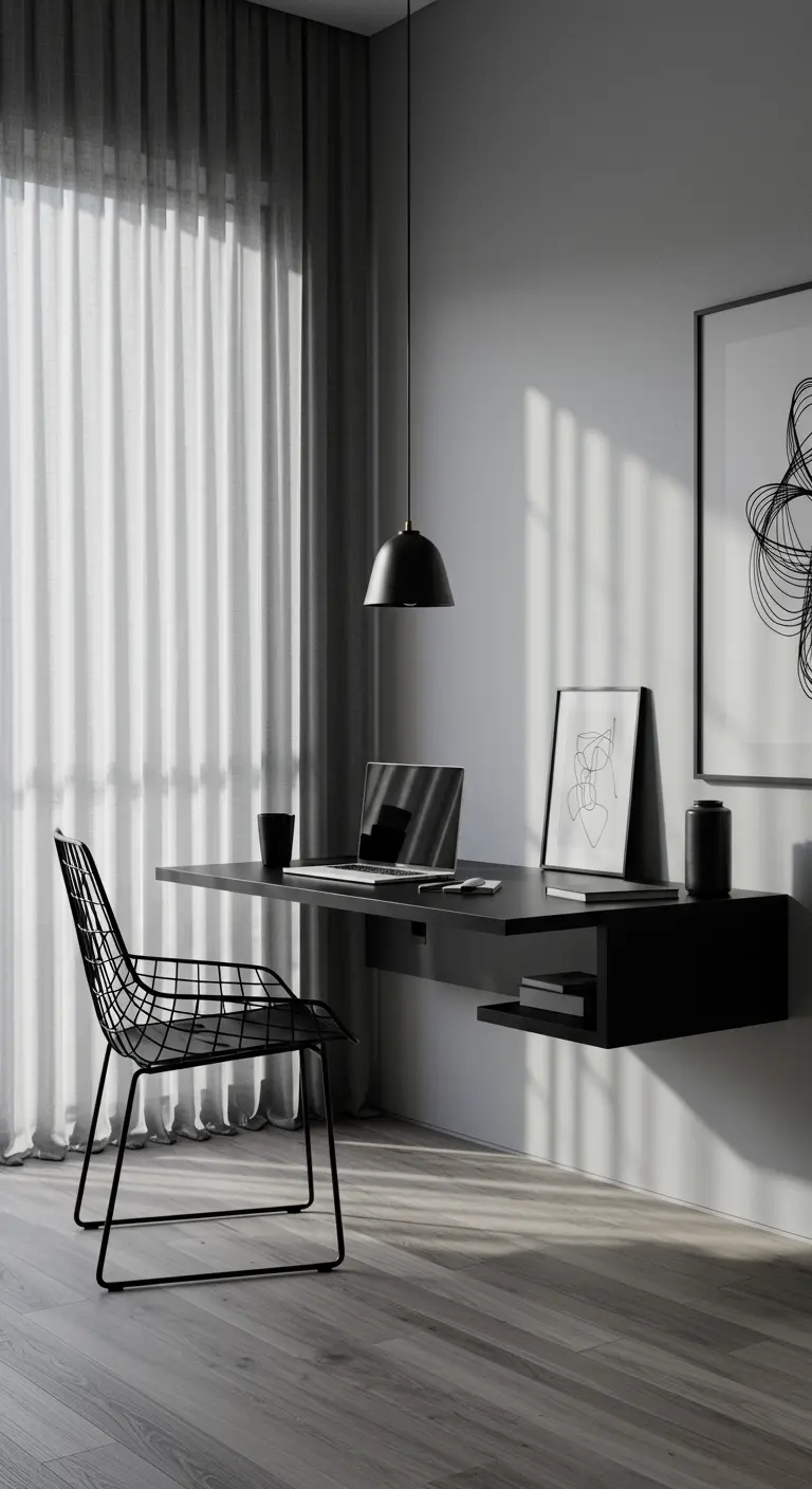 Rincón de trabajo minimalista en blanco y negro con un escritorio flotante y una silla de metal.