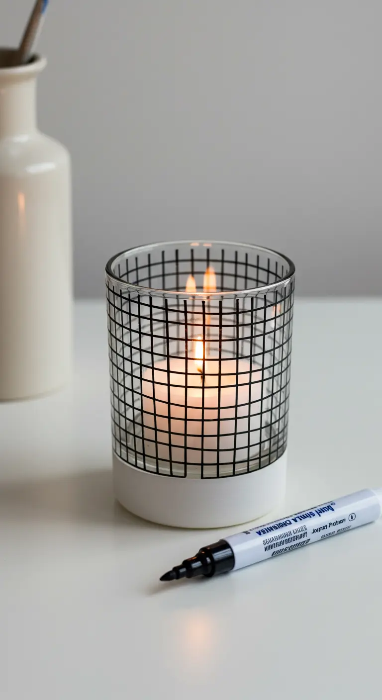 Portavelas de cristal con un patrón de rejilla negro sobre una base de cerámica blanca.