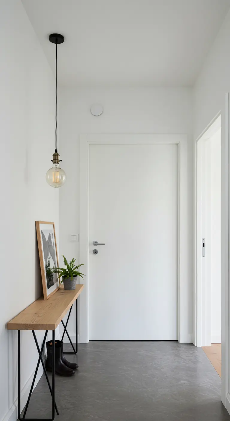 Consola de estilo industrial con una lámpara colgante de bombilla Edison en una entrada minimalista.