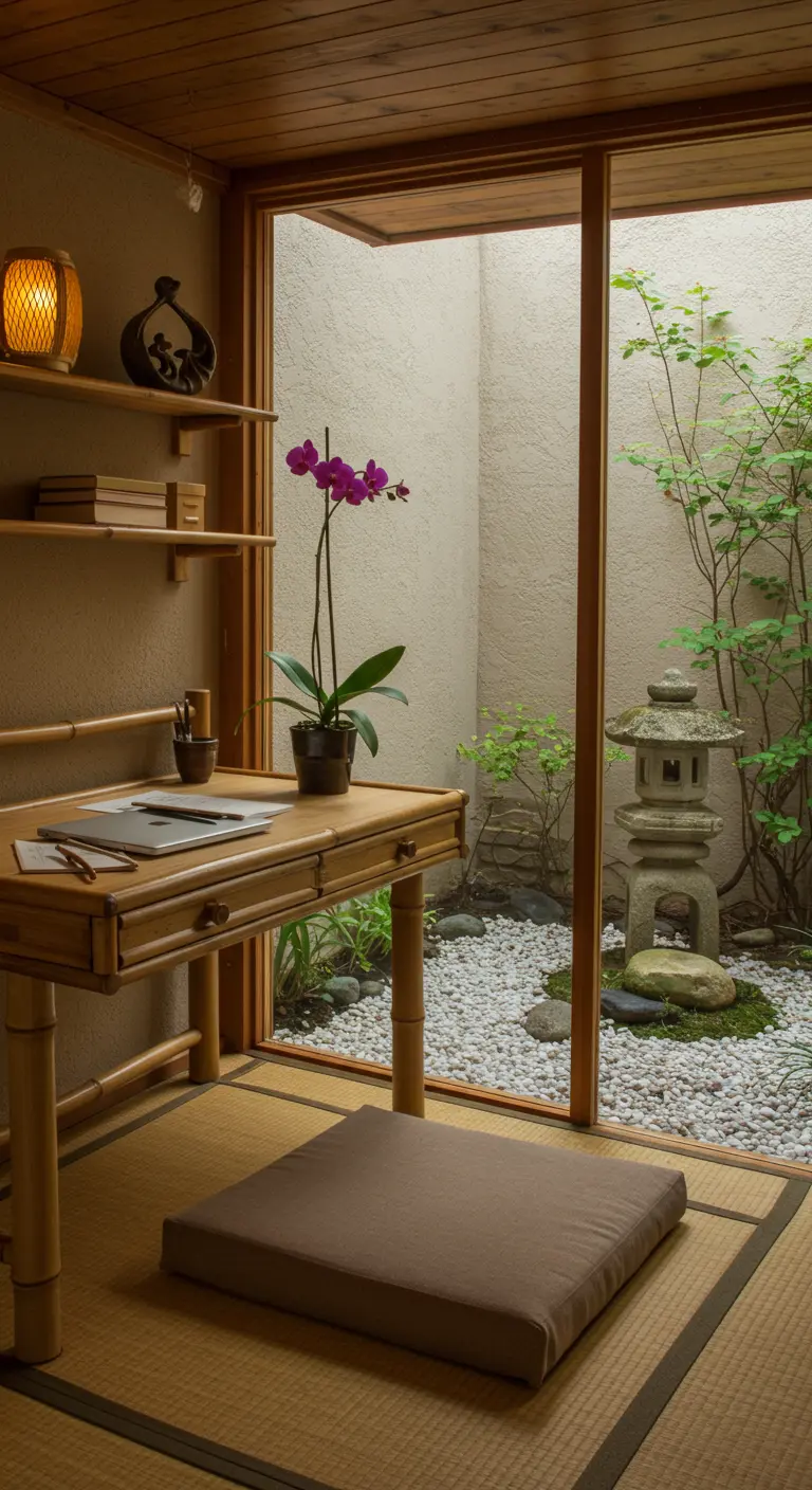 Oficina de estilo japonés con escritorio de bambú bajo y vistas a un jardín zen.