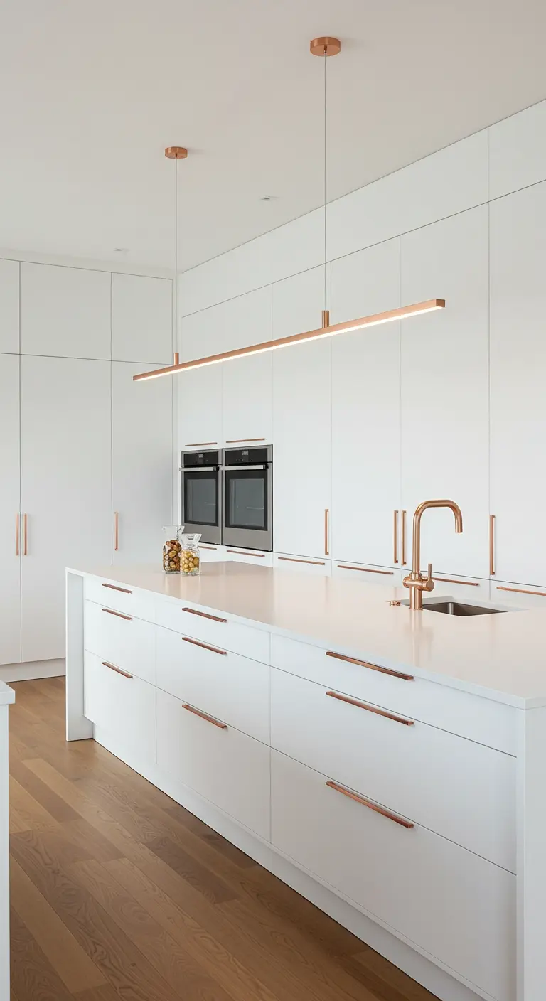Cocina blanca y minimalista con una lámpara colgante lineal de cobre sobre la isla