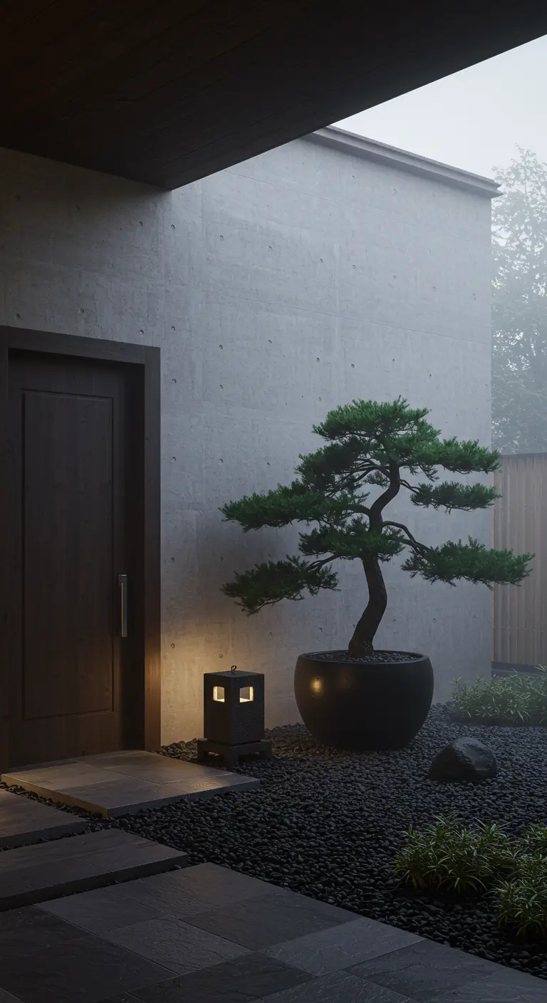 Entrada minimalista con pared de hormigón, un bonsái en maceta negra y una linterna de suelo moderna.