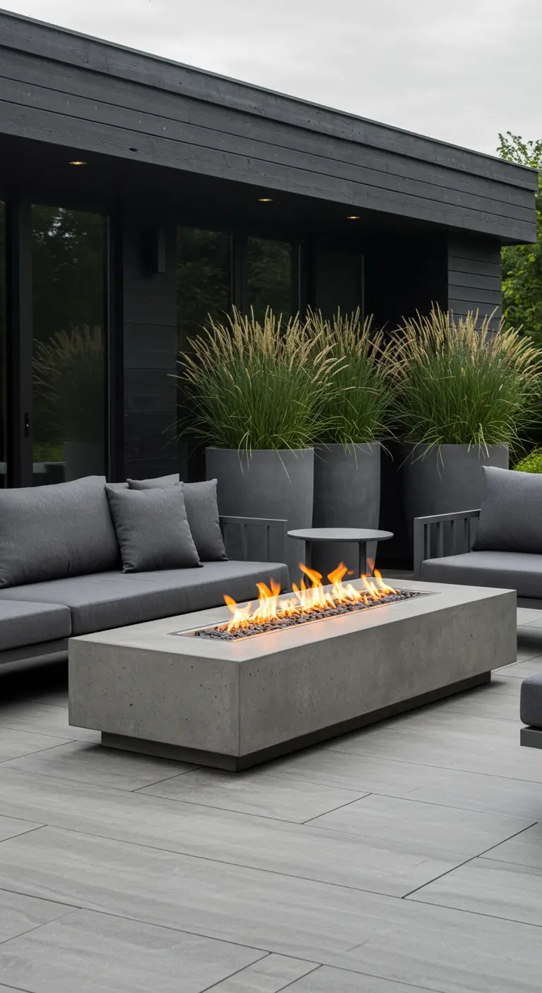 Patio moderno con una hoguera rectangular de hormigón y sofás grises.