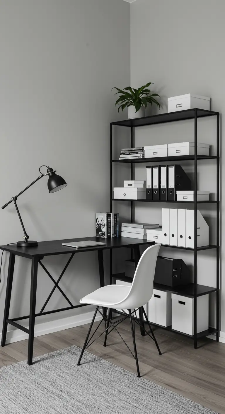 Oficina minimalista en blanco y negro con estanterías metálicas y cajas organizadoras.