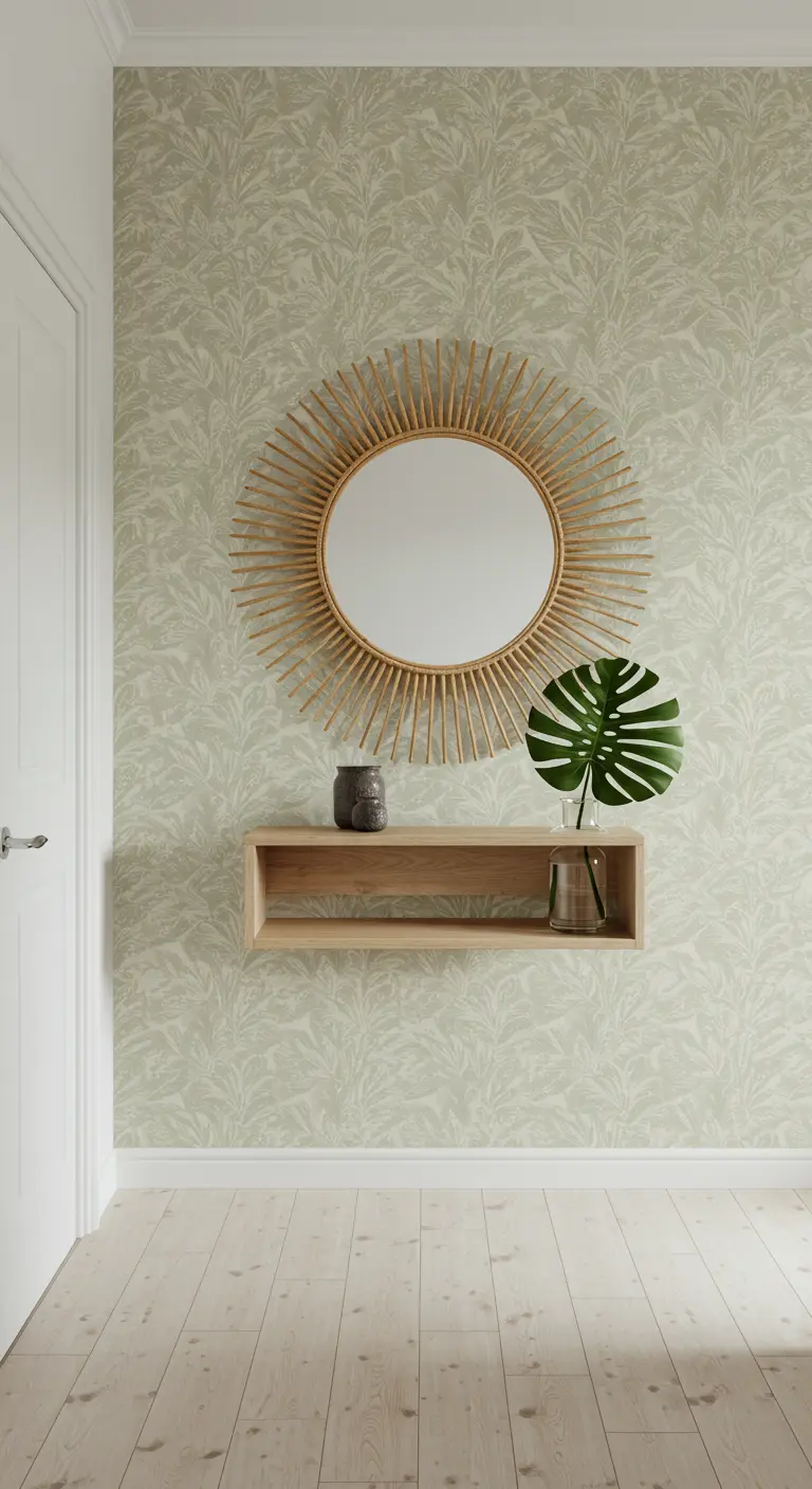 Recibidor minimalista con papel tapiz de hojas en verde salvia y estante flotante de madera.