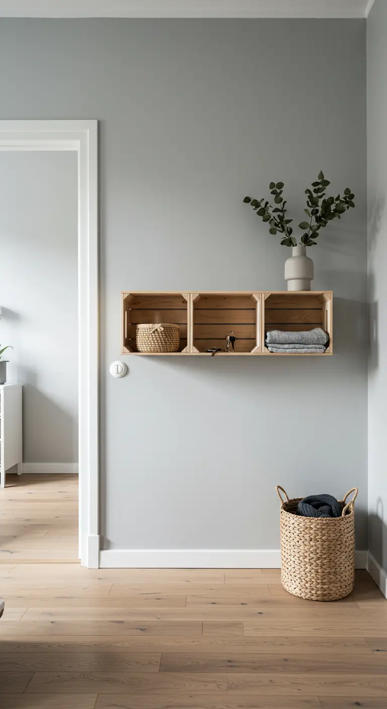 Tres cajas de madera natural alineadas como estantería flotante en un recibidor minimalista.