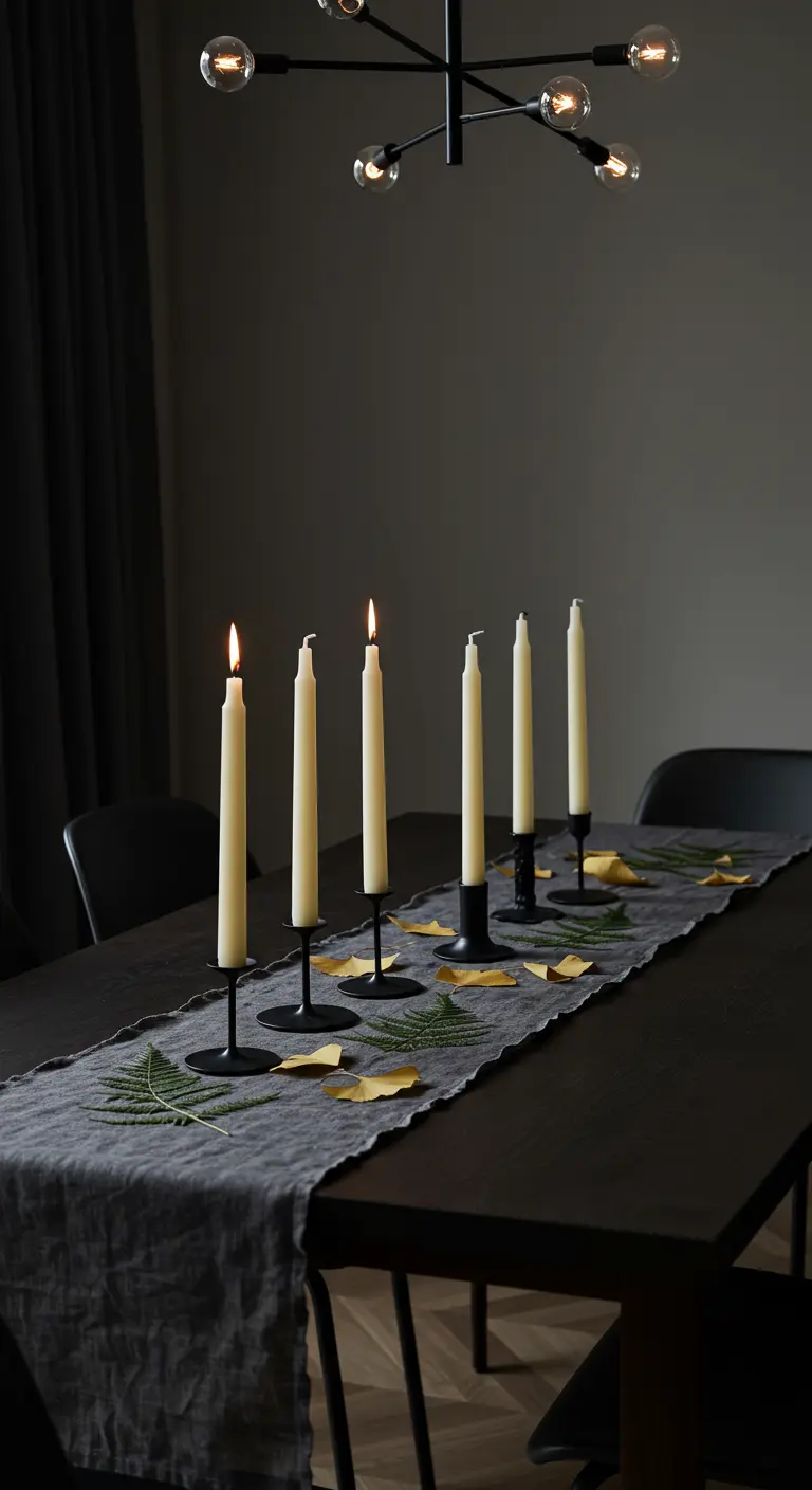 Mesa minimalista oscura con camino de lino gris y candelabros negros modernos.