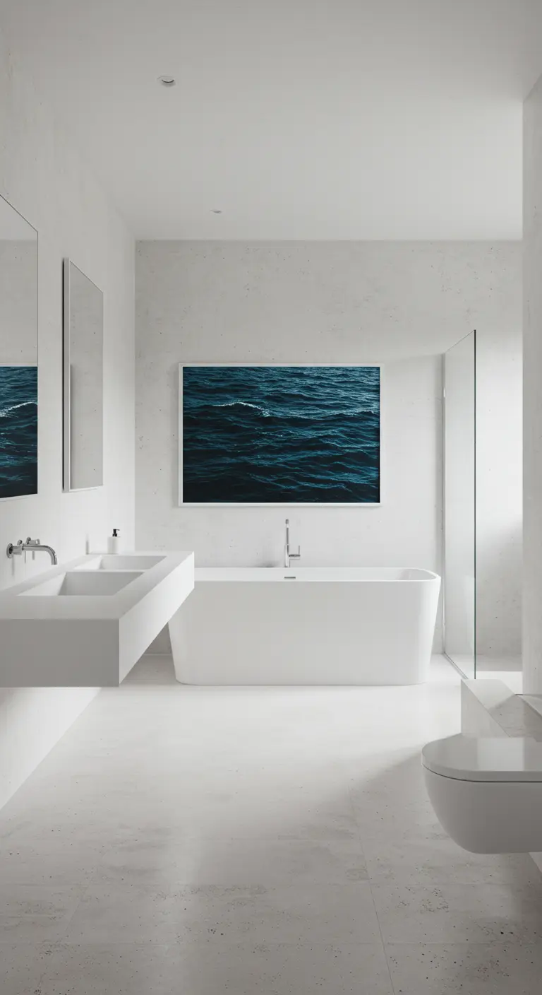 Baño minimalista totalmente blanco con un gran cuadro del océano sobre la bañera