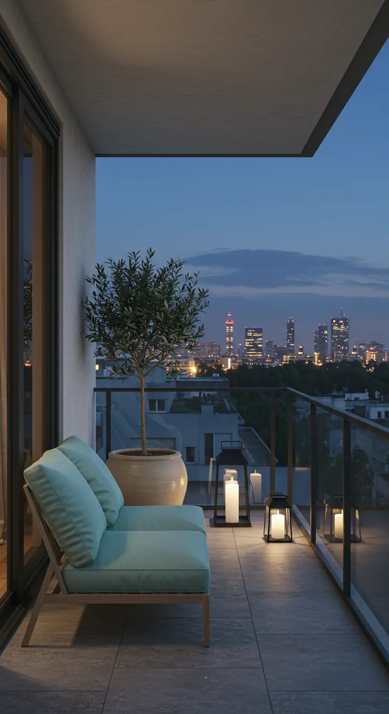 Balcón moderno y minimalista con un sofá bajo, cojines azul menta y farolillos con velas