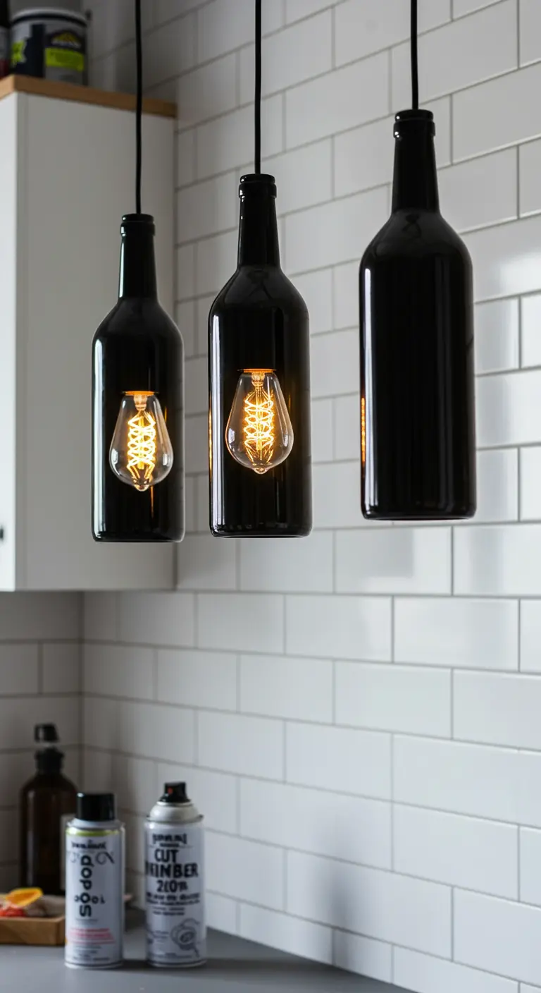 Tres lámparas colgantes hechas con botellas de vino negras cortadas, sobre una encimera de cocina.