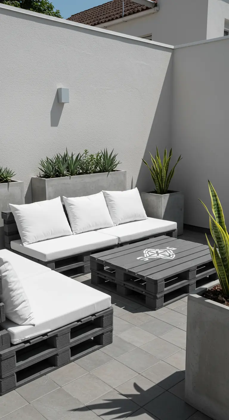 Conjunto de sofás y mesa de palets pintados en gris oscuro con cojines blancos en un patio moderno.
