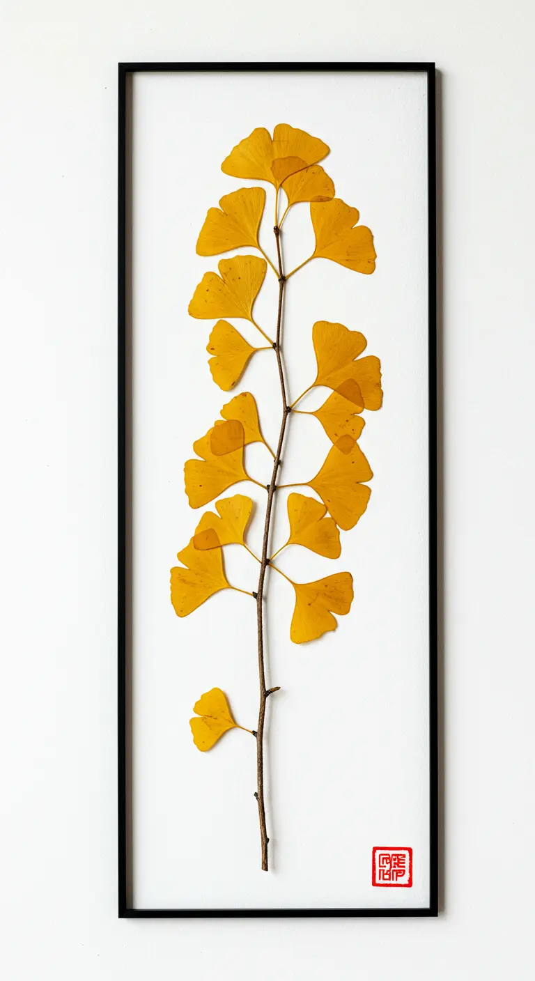 Una sola rama de ginkgo biloba con hojas amarillas prensada en un marco negro vertical.