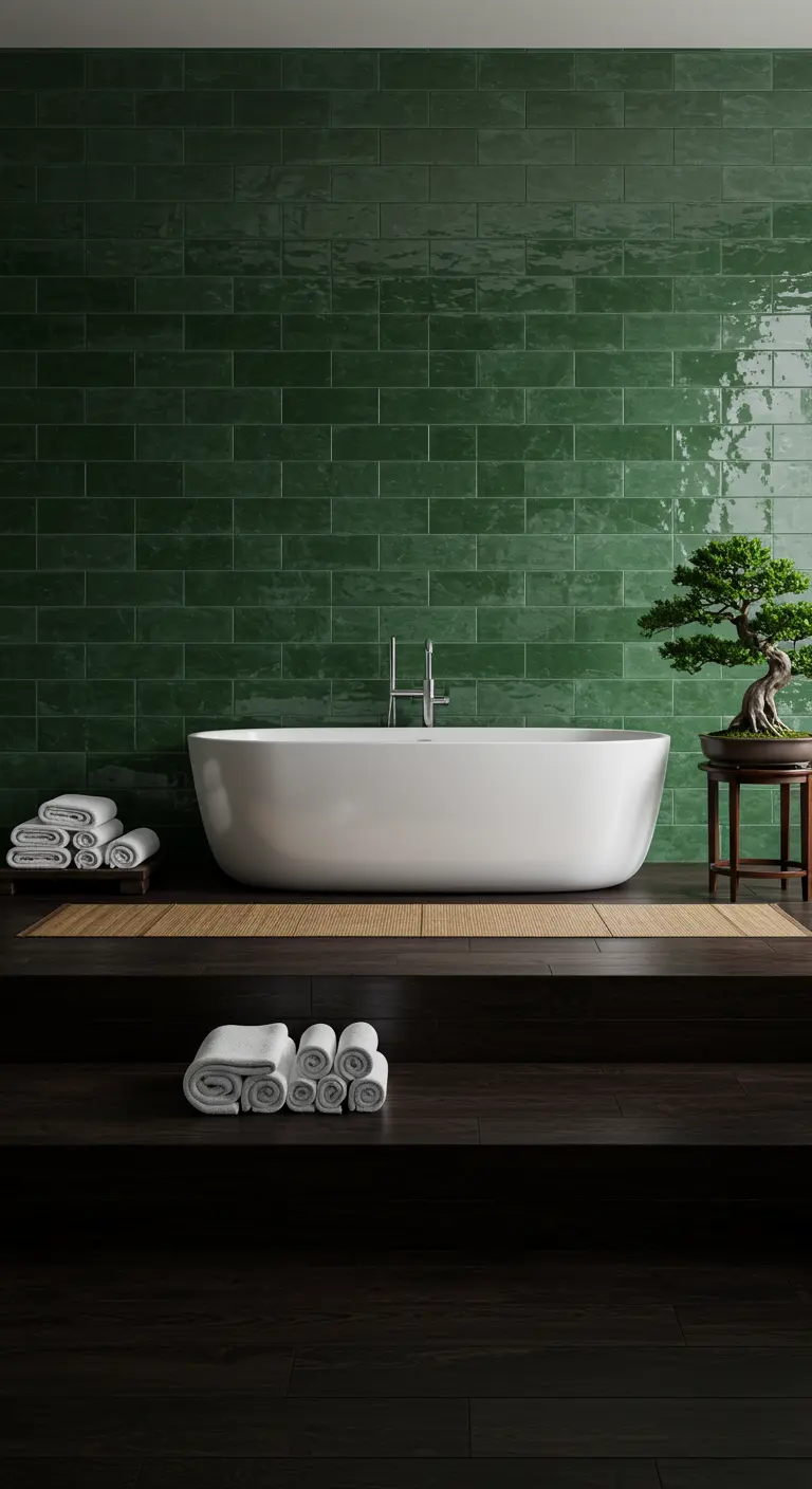 Baño zen con azulejos verdes, bañera sobre plataforma de madera y un bonsái.
