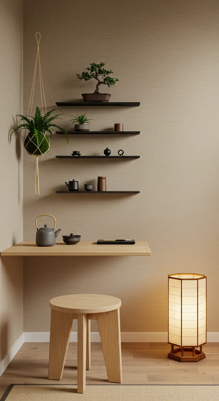 Espacio de trabajo minimalista de inspiración japonesa con estanterías delgadas y lámpara de papel.