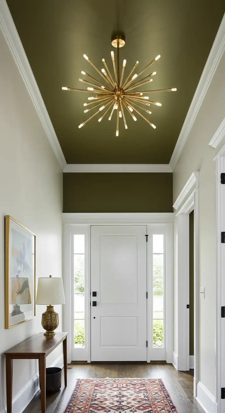Techo pintado de verde olivo con una gran lámpara sputnik dorada.