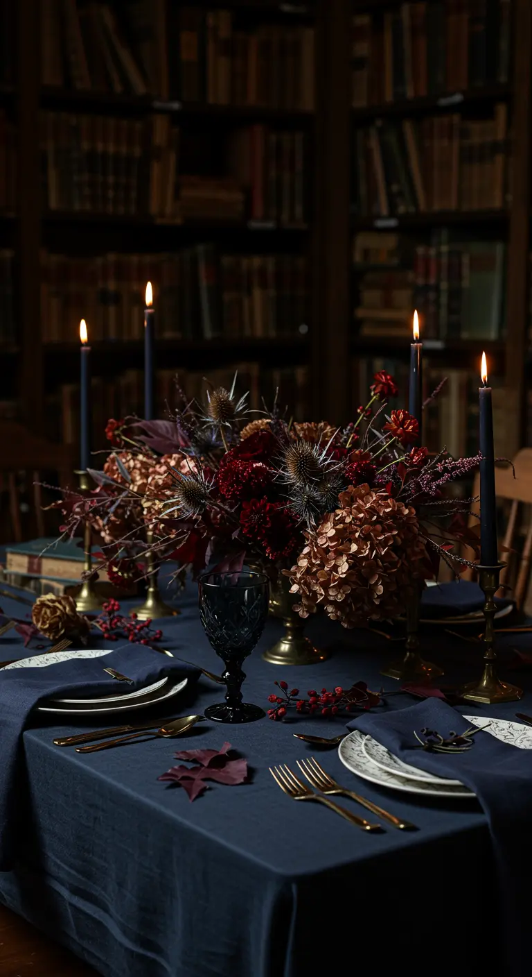 Mesa oscura y dramática con flores secas, velas negras y vajilla azul.