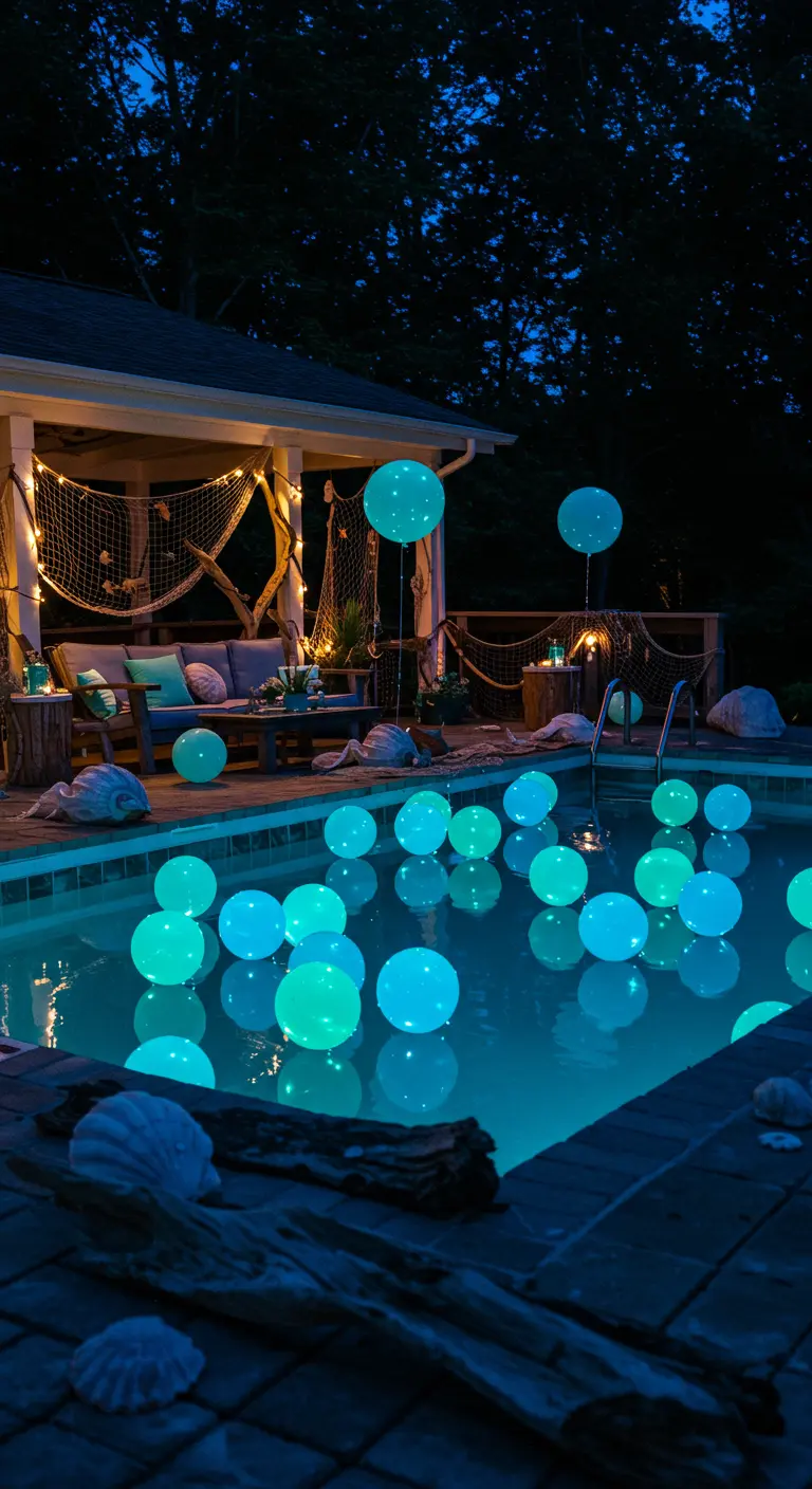 Piscina de noche llena de globos LED de color turquesa brillante.