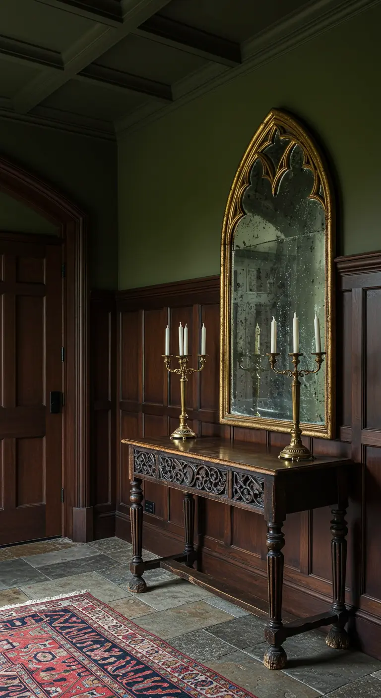 Recibidor oscuro estilo gótico con espejo con arco y candelabros dorados.