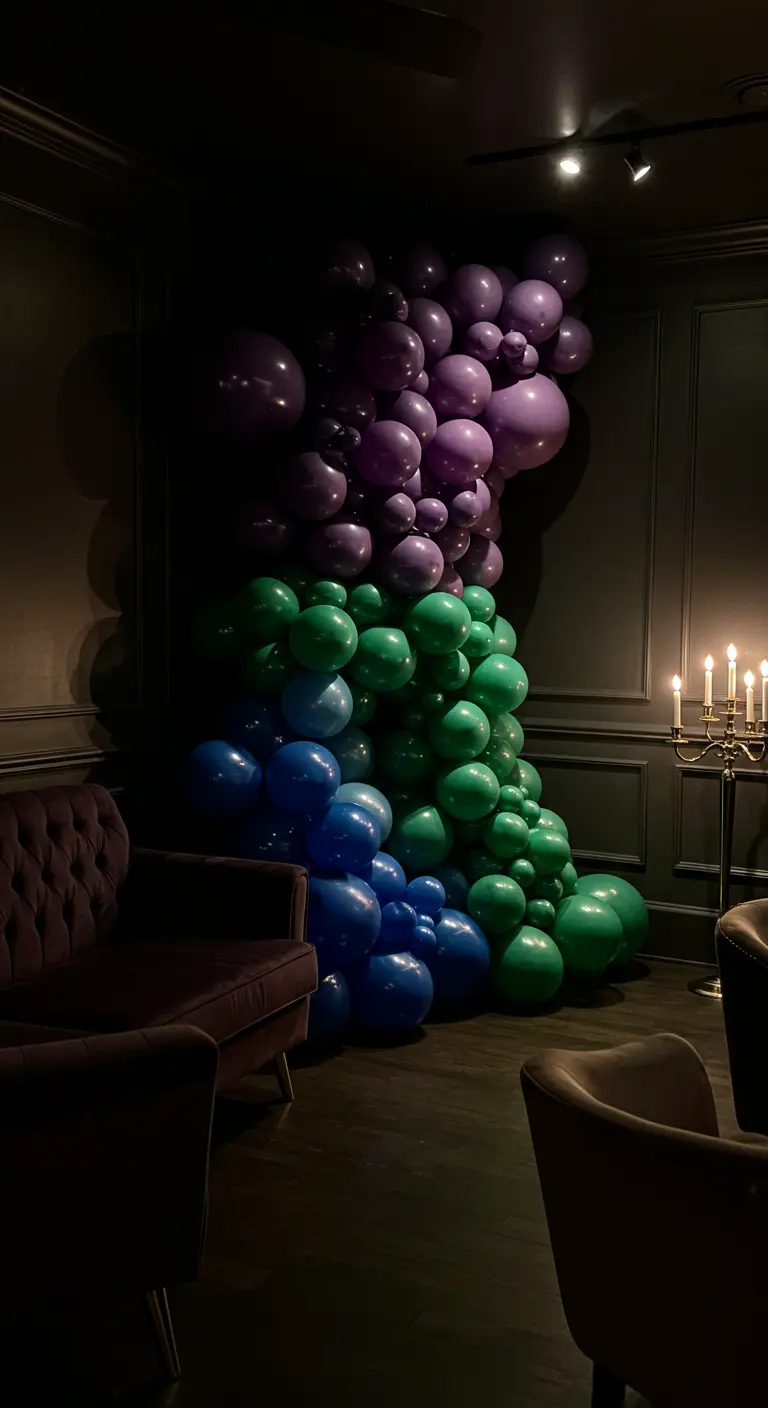 Cascada de globos en tonos joya de morado, verde y azul en una habitación oscura y elegante.