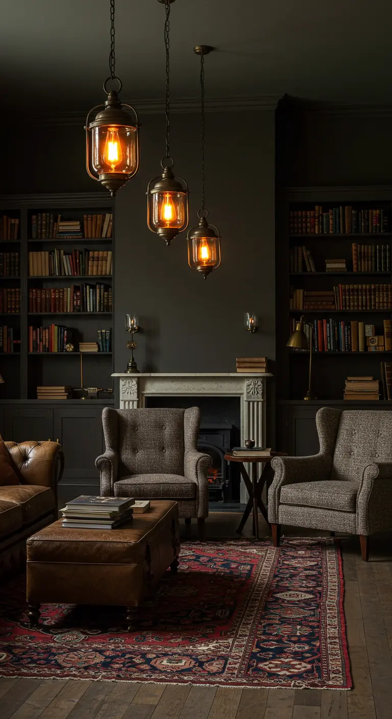 Biblioteca oscura con tres faroles de estilo industrial colgando en fila sobre la zona de asientos