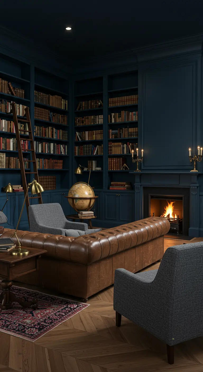 Biblioteca azul oscuro con estanterías integradas y sofá chesterfield de cuero marrón.