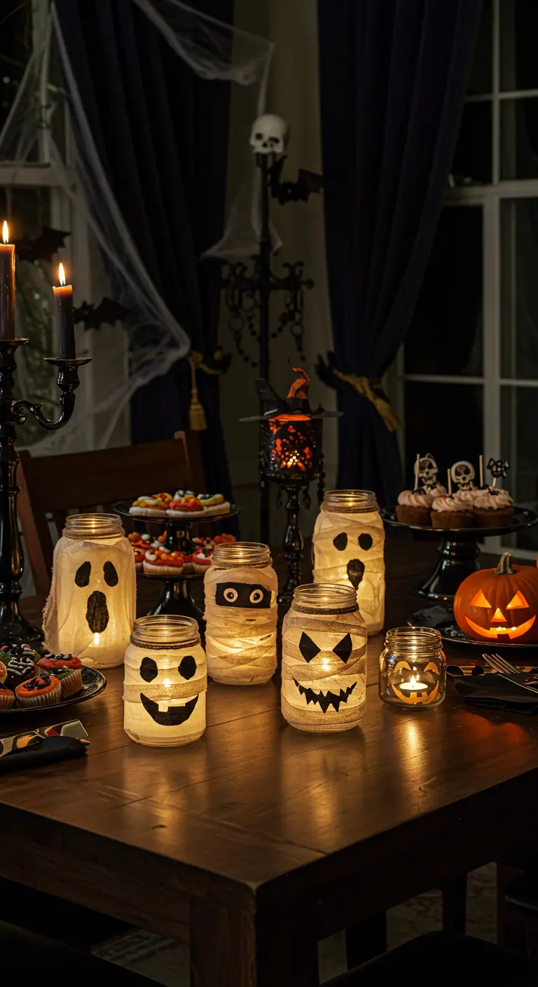 Portavelas de frasco decorados como momias y fantasmas para una fiesta de Halloween.