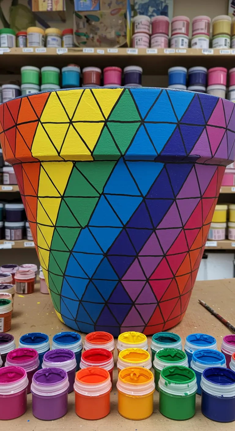 Maceta grande pintada con un patrón de triángulos en todos los colores del arcoíris.