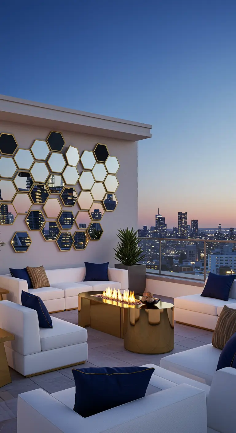 Terraza moderna con pared de espejos hexagonales dorados y negros reflejando la ciudad.