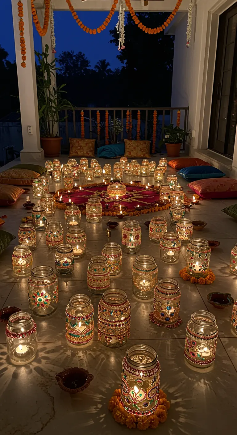 Portavelas de frasco de vidrio pintados a mano para una celebración india.