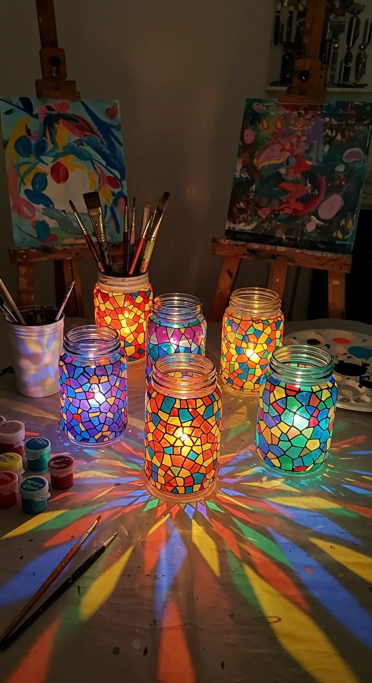 Frascos decorados con un mosaico de cristales de colores, iluminados desde dentro por velas.
