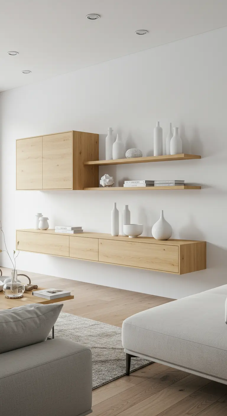 Muebles flotantes de madera clara en una pared blanca, decorados con cerámica blanca.