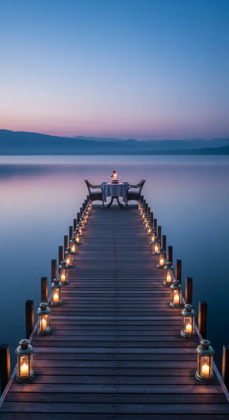 Un muelle de madera al atardecer, iluminado por un camino de farolillos hasta una mesa.