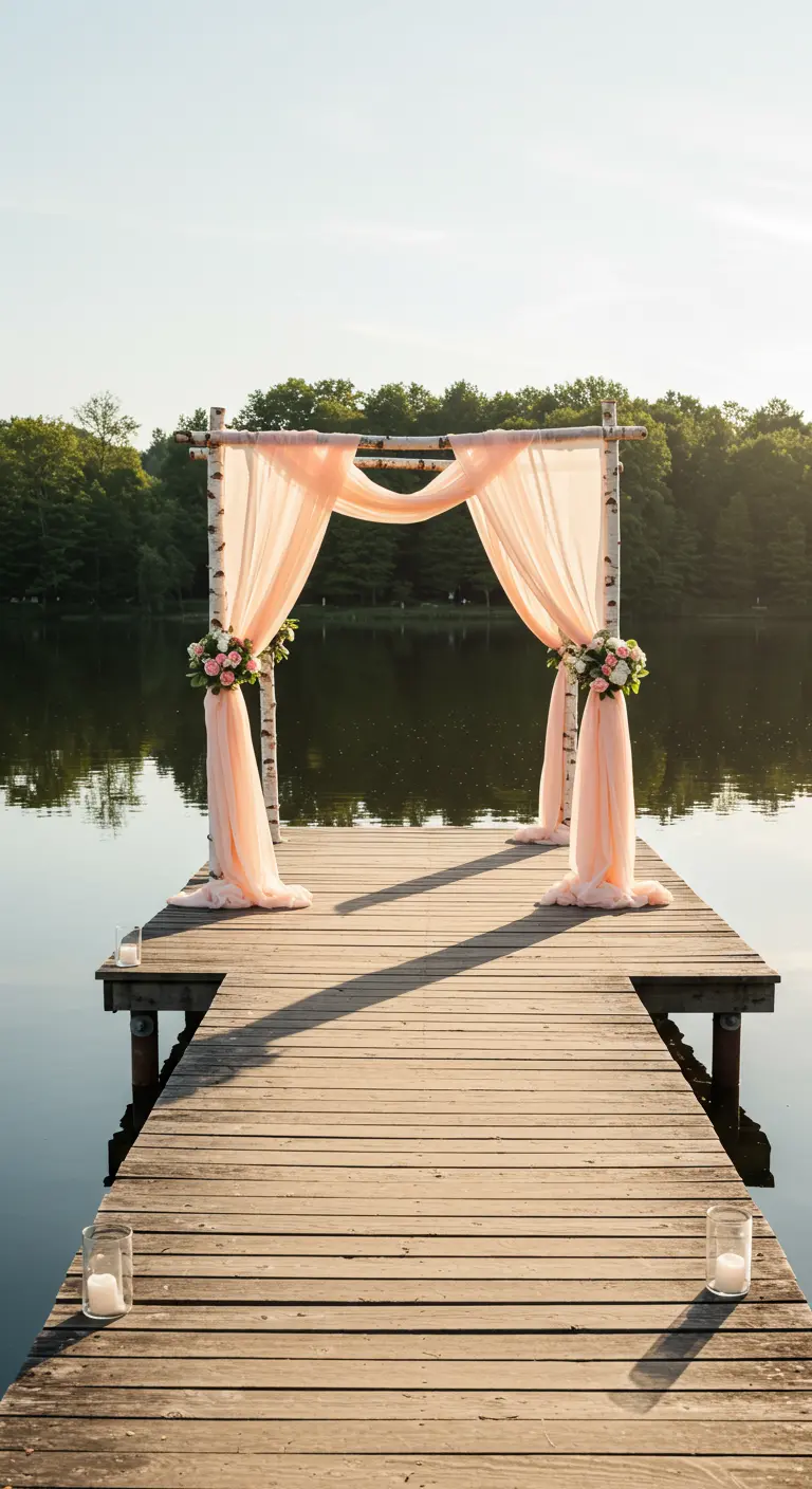 Arco de boda de abedul en un muelle, adornado con tul rosa melocotón y flores.