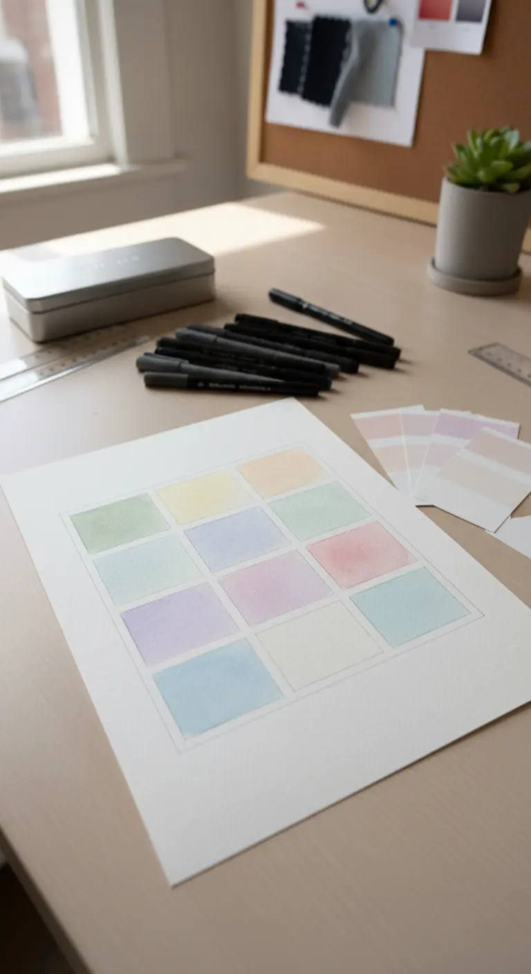 Cuadrícula con muestras de acuarela en diferentes colores pastel sobre una mesa de trabajo.