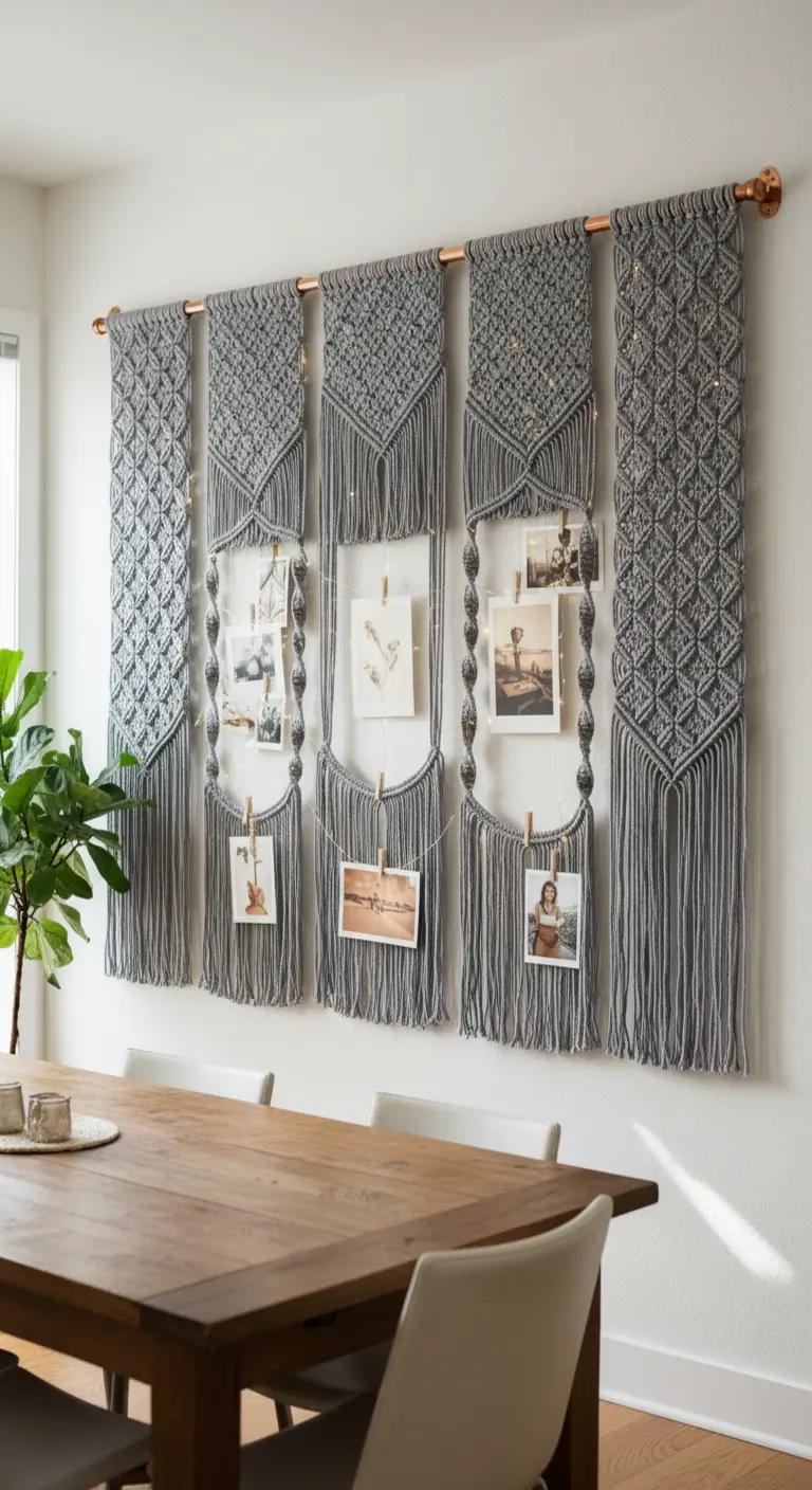 Gran mural de macramé gris en la pared de un comedor, con fotos y luces LED integradas.