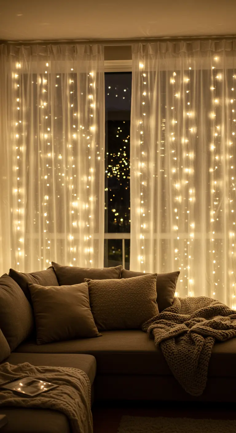 Cortinas blancas transparentes con una cascada de luces cálidas detrás, sobre un sofá.