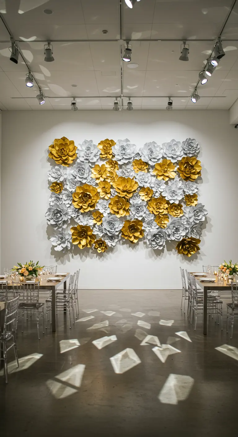 Pared blanca decorada con un gran collage de flores de papel gigantes en dorado y plateado.