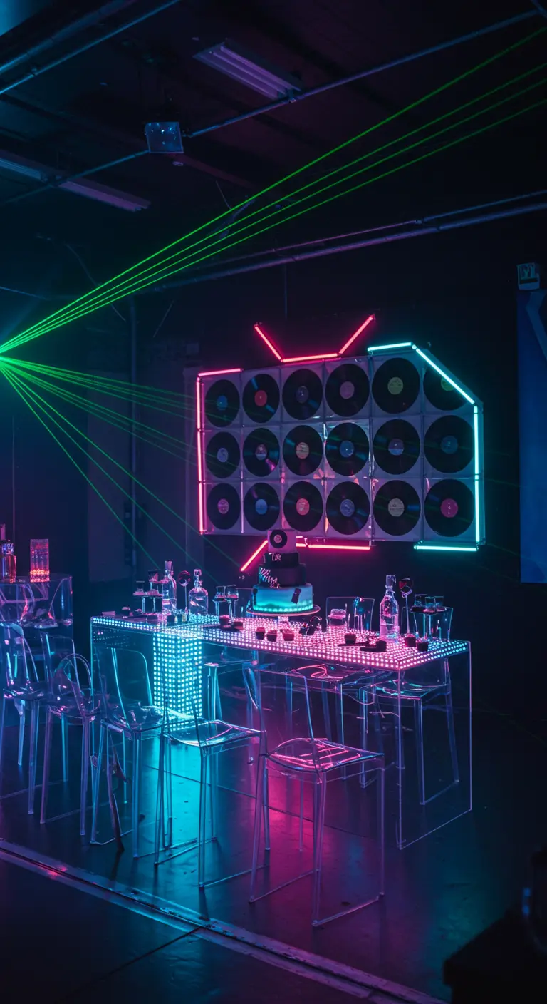 Pared de discos de vinilo enmarcada con luces de neón en una fiesta con láseres.